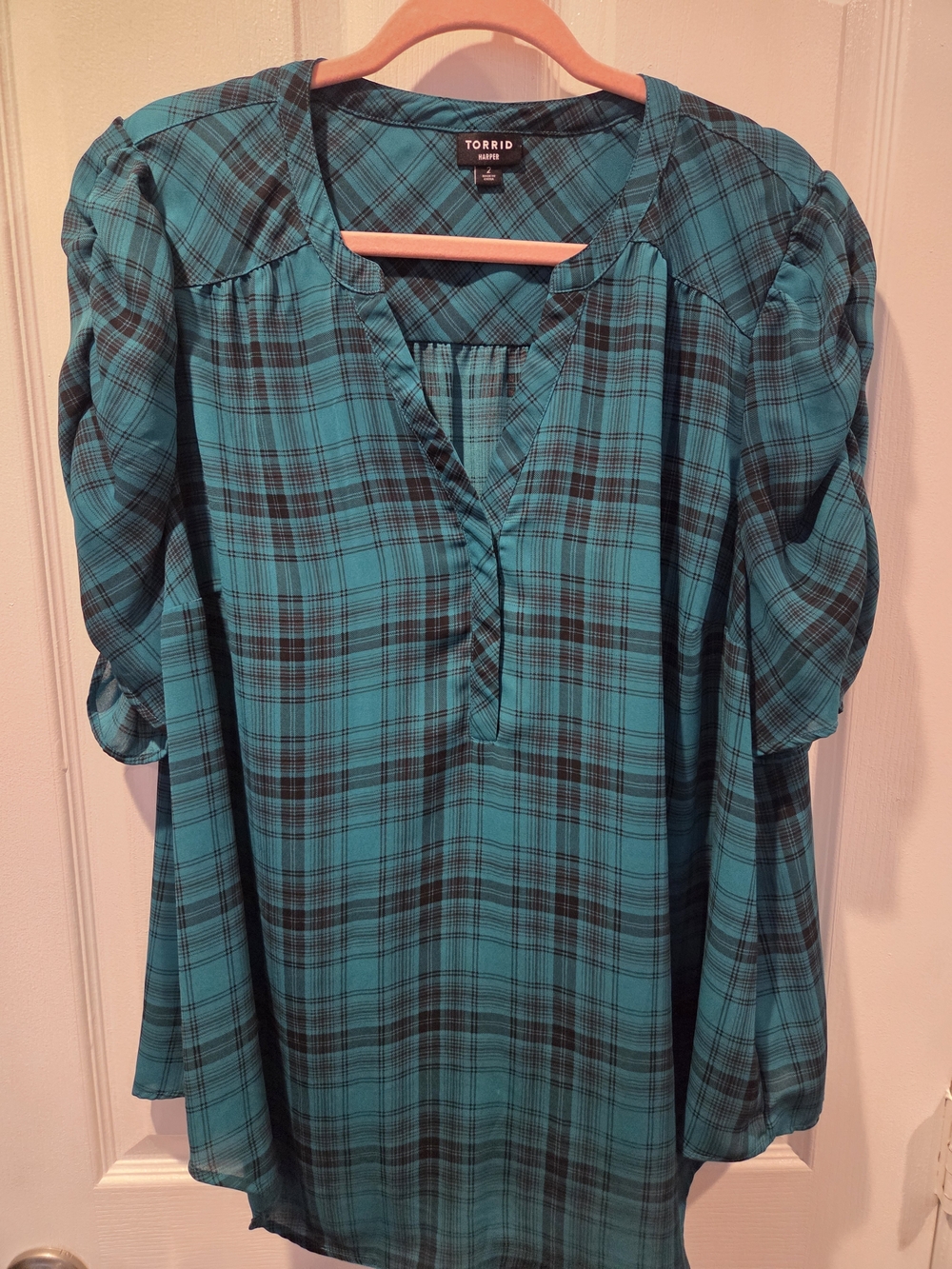 torrid Teal and Black Plaid Peasant Tunic